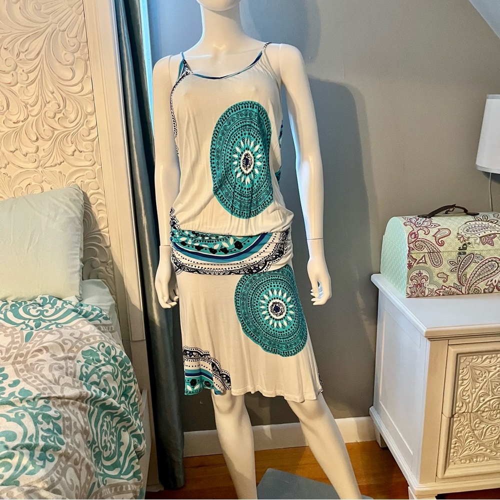 White and Teal Sleeveless Beach Dress
